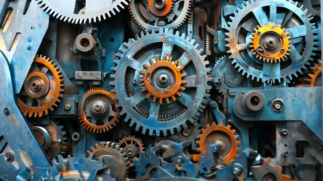 A close up of a blue and gold gear with a yellow center. The gears are all different sizes and colors, and they are all connected to each other. Concept of complexity and interdependence