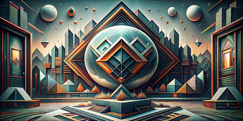 Abstract futuristic cityscape with geometric buildings and floating spheres, vibrant colors, sci-fi fantasy concept