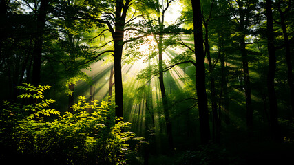 Fototapeta premium A lush green forest with rays of sunlight filtering through the trees