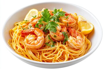 Pasta spaghetti shrimp lemon coriander in white bowl isolated on white background close up, top view, food concept. Generative ai