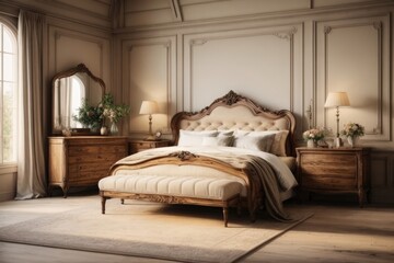Antique bedside table near wooden bed. Farmhouse, country, modern bedroom interior design provence