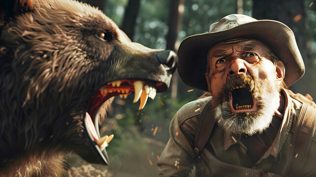 Ferocious Bear Hunting Down Terrified Elderly Hunter with Mustache and Hat Screaming in Panic in Dense Forest Wilderness