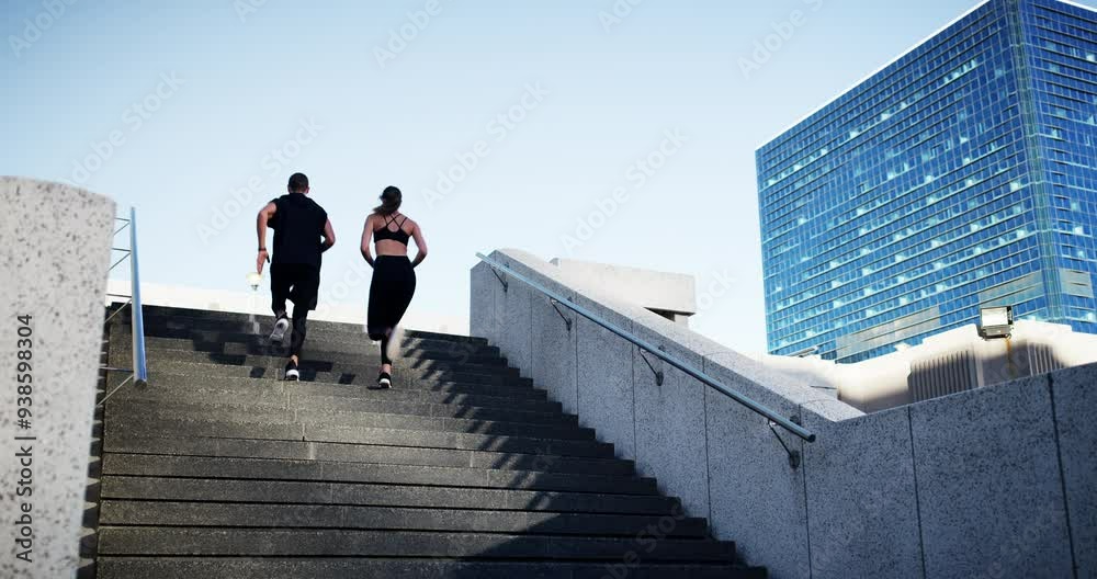 Poster Stairs, city and couple with fitness, running and achievement with progress, challenge and training. Outdoor, man and woman with exercise, celebration and workout with cardio, urban town or wellness