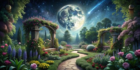 Majestic secret garden under the moon and stars, magic, secret garden, moon, stars, detailed, high resolution