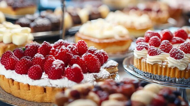 A display of various cakes with raspberries on top. The cakes are arranged on a silver platter and are decorated with powdered sugar. The cakes are of different sizes and shapes