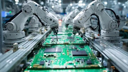 A factory line of robots are assembling computer chips. The robots are white and are working together to create the chips. Concept of efficiency and precision