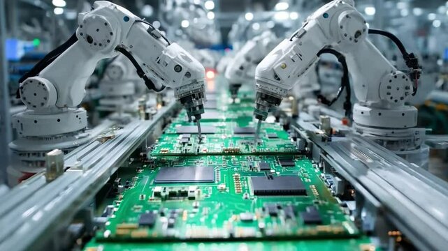 A factory line of robots are assembling computer chips. The robots are white and are working together to create the chips. Concept of efficiency and precision
