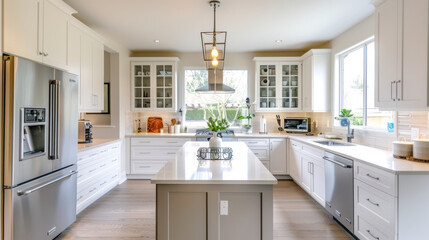 A tidy and organized kitchen with spotless countertops and well-arranged appliances, ready for cooking.