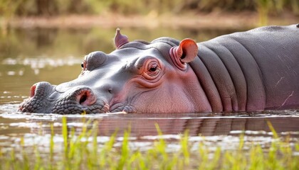 Fototapeta premium Tranquil moment in nature A hippos serene face in the water