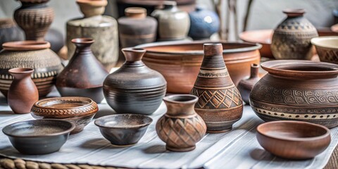 Colecci&oacute;n de objetos de cer&aacute;mica artesanal en mesa, incluyendo jarrones y macetas