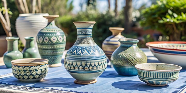 Colecci&oacute;n de objetos de cer&aacute;mica artesanal en mesa, incluyendo jarrones y macetas