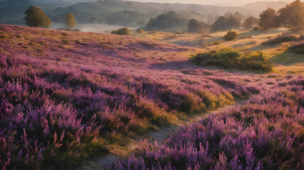 Obraz premium purple flower hill the sky, the breeze, the peace, the beautiful paintings, the oil paints.
