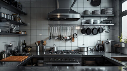 A tidy kitchen with gleaming countertops and neatly arranged utensils, perfect for a clean cooking environment.