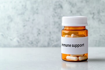 Close-up of a pill bottle labeled "immune support" on a bathroom counter, health focus