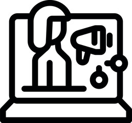 Businesswoman is presenting an online marketing campaign, symbolized by a megaphone icon on a laptop screen