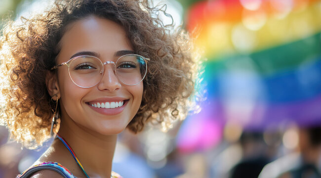Mulheres jovens sorrindo com bandeira do orgulho LGBTQIA+ em marcha ao ar livre durante o dia, capturadas em close-up, com fundo desfocado, criadas por IA generativa
