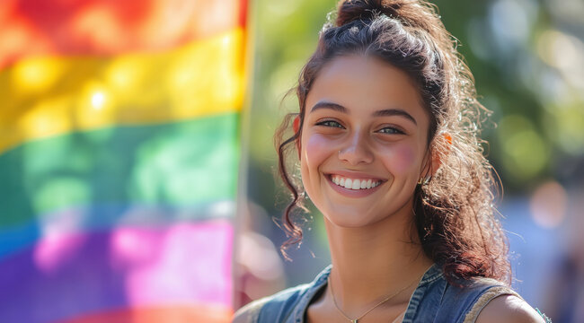 Mulheres jovens sorrindo com bandeira do orgulho LGBTQIA+ em marcha ao ar livre durante o dia, capturadas em close-up, com fundo desfocado, criadas por IA generativa
