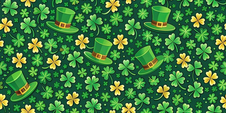 Seamless pattern of clover leaves and Leprechaun hats for St Patrick's Day celebration, St Patrick's Day, shamrock, green