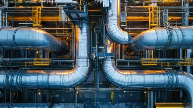 A large industrial pipe system with many pipes and valves. The pipes are made of metal and are connected to each other in a complex network. Scene is industrial and technical