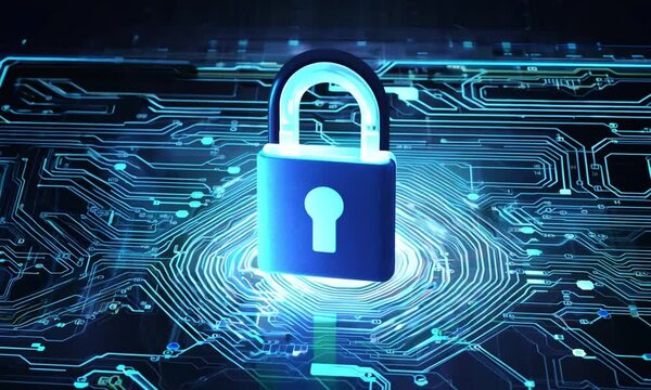Cybersecurity Fortress: A glowing padlock stands guard atop a complex circuit board, representing the impenetrable shield of digital security. 
