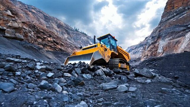 A large yellow bulldozer is driving through a rocky, mountainous area. The sky is cloudy and the terrain is rough