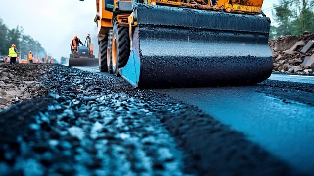 A large piece of equipment is rolling over a road, leaving a trail of black asphalt behind it