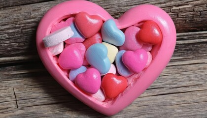 Fototapeta premium Heartshaped candy assortment on wooden surface