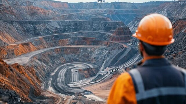 A man in a hard hat stands on a hill overlooking a large pit. The pit is filled with dirt and rocks, and the man is observing it. Concept of awe and respect for the power of nature