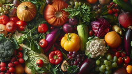 A vibrant assortment of fresh vegetables and fruits, beautifully arranged and bursting with color.