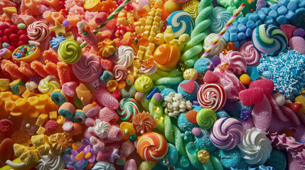 A vibrant display of various candies, featuring an explosion of color and sweetness.