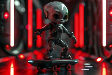 Cute stereo-typical grey alien wearing futuristic cyberpunk attire, riding a hoverboard, red details in the background, 3D render,  created by ai