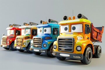 Cute cartoon style trucks, different designs, 3D render, created by ai