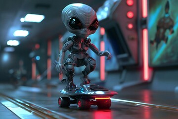 Cute stereo-typical grey alien wearing futuristic cyberpunk attire, riding a hoverboard, red details in the background, 3D render,  created by ai