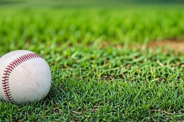 A close-up of a baseball lying on freshly cut grass in a field, perfect for sports and recreation themes.