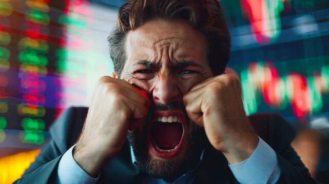 angry freaking businessman or trader screaming with financial chart graph glowing on screen background