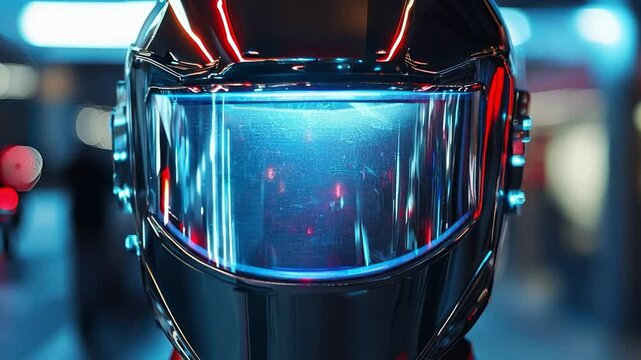 A man wearing a helmet with a blue visor. The helmet is shiny and reflective. The man is standing in a dark room with a red background