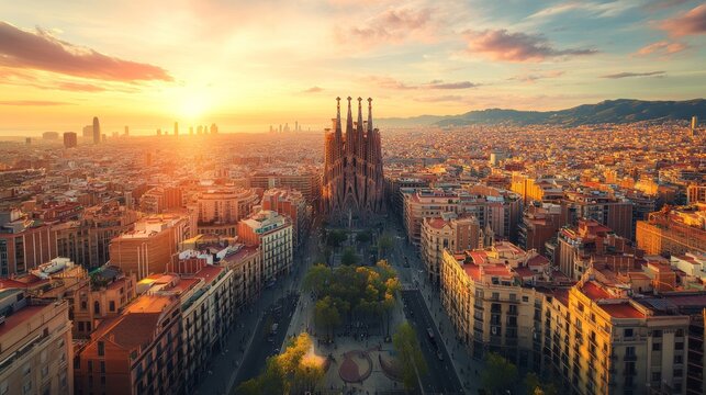 Aerial view of Barcelona City Skyline and Sagrada Familia Cathedral at sunset. Eixample residential famous urban grid. Cityscape with typical urban octagon blocks