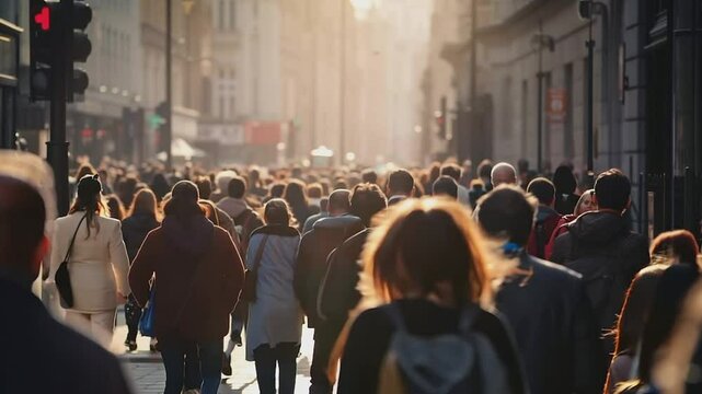Crowd of people walking street slow motion