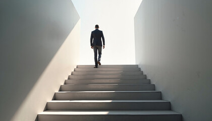 Businessman with determination climbing stairs towards light against minimalist architecture