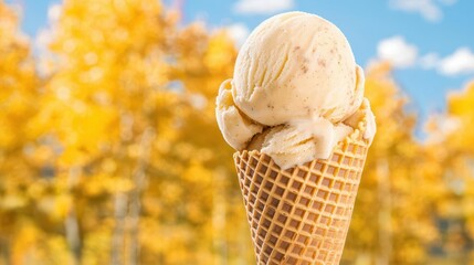 A tranquil autumn afternoon with a scoop of caramelized pear ice cream in a cone, with a background of golden trees
