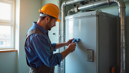 Focused HVAC technician adjusting furnace settings in residential basement
