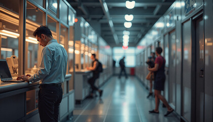 Office worker focused on laptop in dimly lit corridor against modern office background