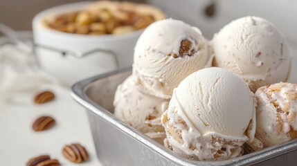 Ice cream scoops in autumn flavors like pecan pie and cinnamon apple, served in a cozy kitchen setting
