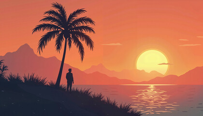 Silhouette figure with serene mood watching tropical sunset against palm tree beach landscape