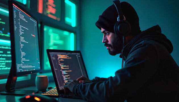 Programmer with intense focus coding late at night against glowing screens