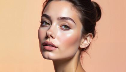 Naklejka premium Young woman with radiant complexion showcasing natural makeup against peach background