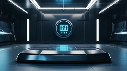An empty podium with a digital countdown timer in a futuristic control room, suggesting urgency and technological advance