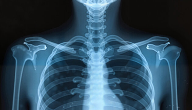 X-ray image of human chest in blue tones for medical diagnosis against dark background