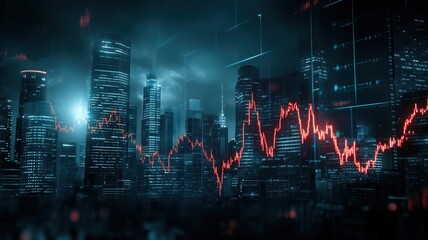 Futuristic city skyline with vibrant financial graph overlay, representing economic trends and digital innovation in a modern environment.
