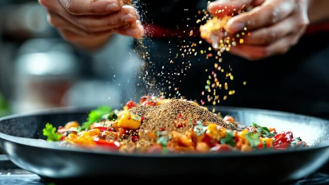 A person sprinkling spices on a plate of food. The spices are red and black